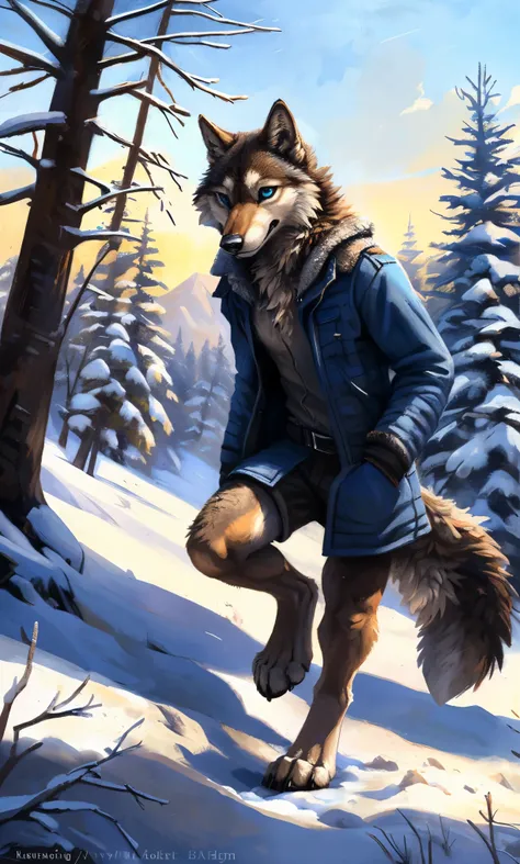 ((solo)), male people, anthro wolf, (multi-colored fur, white-brown:1.3，white tail pointed), (height 2.1m,tail length 1.2m), ((w...