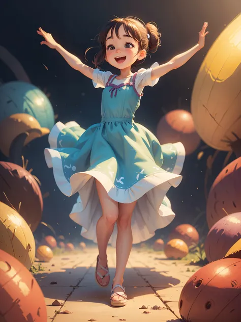 masterpiece, best quality，Illustration of a cute girl dancing happily，Pixar style, stills，simple background，Wearing a beautiful long dress，perfect details，