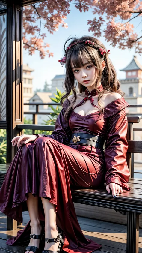 a woman in a red dress sitting on a bench under a tree, palace ， a girl in hanfu, guweiz, wearing ancient chinese clothes, cute anime waifu in a nice dress, chinese style, beautiful anime girl, flowing hair and long robes, by Yang J, beautiful anime woman,...