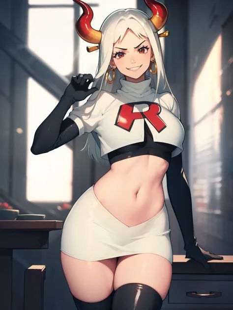 yamato, horns ,earrings, glossy lips ,team rocket uniform, red letter r, white skirt,white crop top,black thigh-high boots, blac...