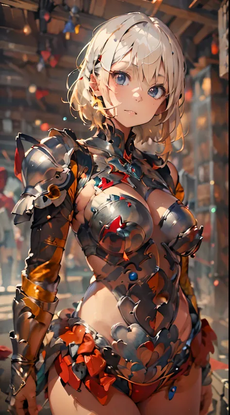 (The highest image quality, master piece:1.2), (Ultra Definition Illustration), (very cute :1.3), (1 girl:1.2), Solo, (short blond hair), (gorgeous red bikini armor:1.3), rpgroyalty, bare shoulder, armpits, sleeveless, black mecha