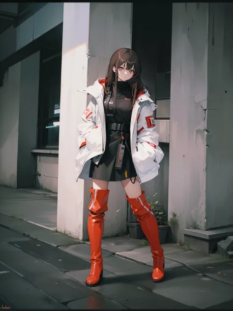 long brown hair，sexy uniform，Red over-the-knee boots，Sexy Standing Pose, anime, Cyberpunk Background, oversized hoodie