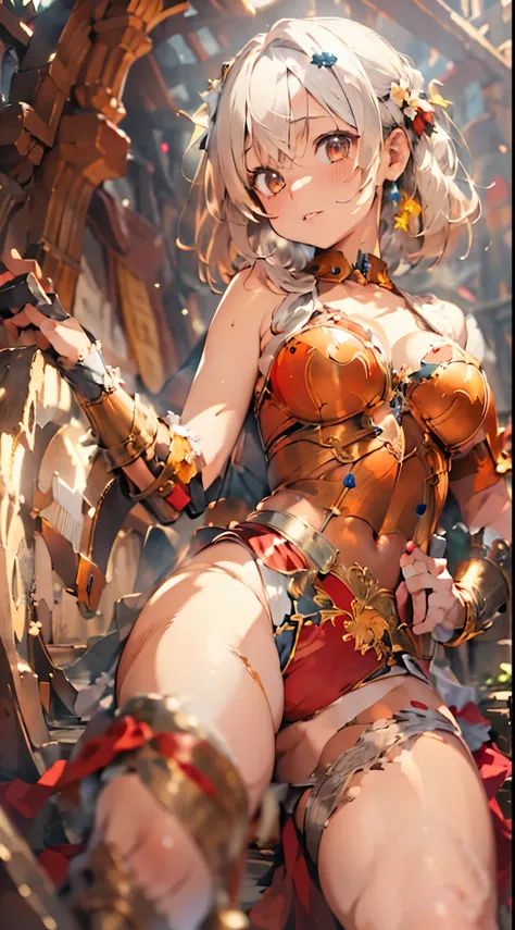 (The highest image quality, master piece:1.2), (Ultra Definition Illustration), (very cute :1.3), (1 girl:1.2), Solo, (short blond hair), (gorgeous red bikini armor:1.3), rpgroyalty, bare shoulder, armpits, sleeveless,