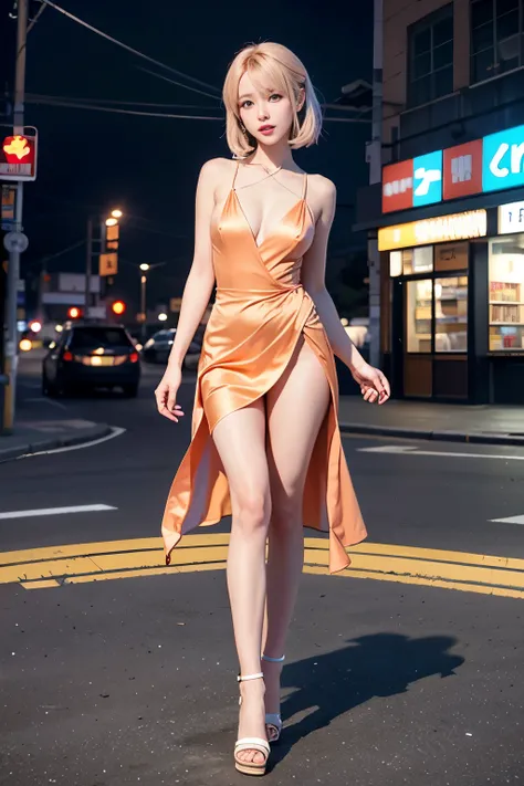 By Yves Di, a beautiful androgynous, satin slip dress, beautiful face, beautiful legs, light orange eyes, very happy face, full body, colorful colors, detailed background beautiful, 7-eleven store, night vibe,high quality, 8K Ultra HD, 3D effect, A digital...