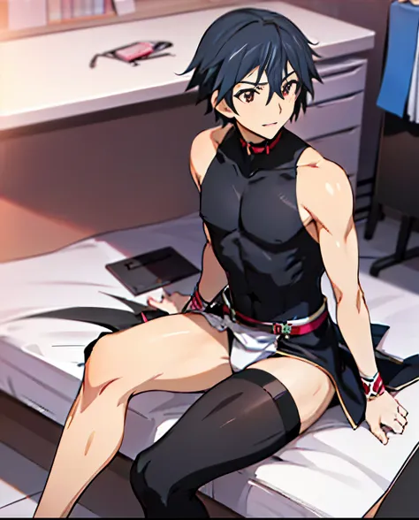 close-up of a man with short dark hair and a black leotard, anime moe art style, seductive anime men, ( ( stop 4 # ) ), men with...