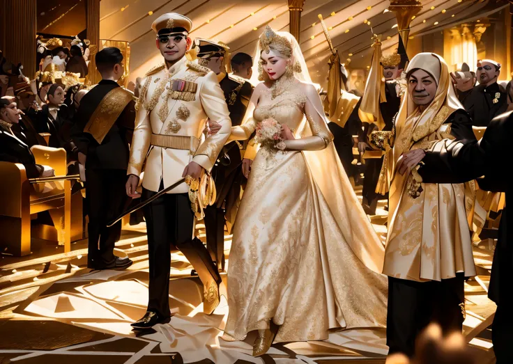 bride and groom walking in a large room with other people, royal wedding, royal gown, 🕹️ 😎 🔫 🤖 🚬, bejewelled and encrusted royalty, wearing a luxurious royal cloak, royal dress, emir, royal attire, malaysian, ornate attire, wearing a royal robe, with intri...