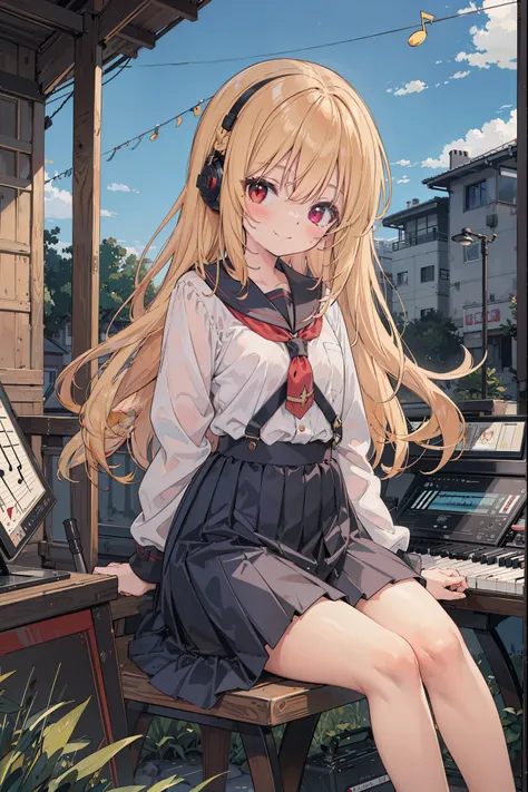 1Girl, golden hair, sharp red eyes but closed 1 eyes, blush, harm smile, wearing high school girl clothes, sitting while playing music tools, make it like tarot anime-style but no frame