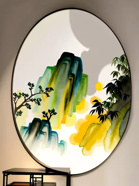 there is a painting on the wall of a living room, chinese painting style, chinese watercolor style, chinese style painting, inspired by Sun Kehong, modern european ink painting, chinese ink painting, [ 4 k digital art, chinese landscape, inspired by Xiao Y...