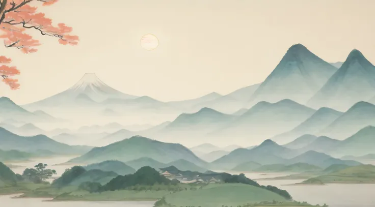 painting of a landscape with a river and mountains in the background, Japanese Landscape, Japanese style painting, peaceful scenery, Anime landscape, Chinese landscape, in a serene landscape, landscape artwork, Chinese watercolor style, peaceful landscape,...