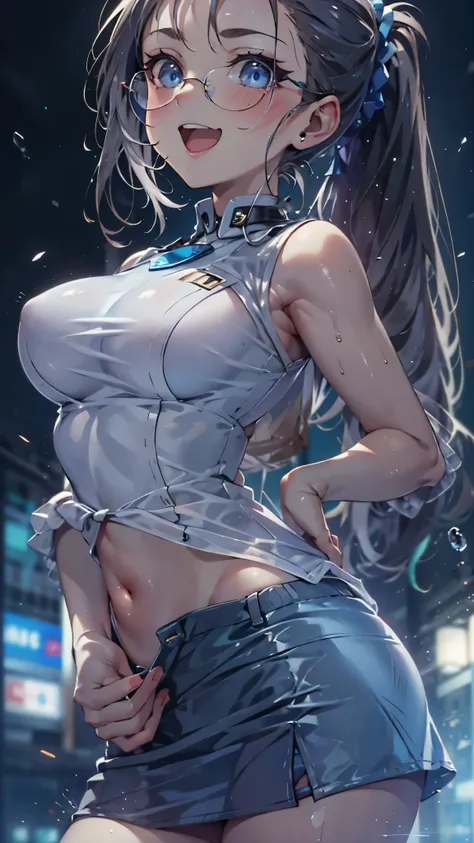 woman,14 years old,,city,night,(((white and blue tight miniskirt bodysuit))),,open mouth smile((See-through))Glasses,((Beautiful long ponytail)),((baby girl body shape))