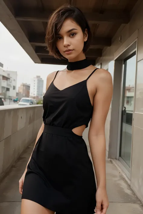 girl darker skin color with short hair wearing modern dress