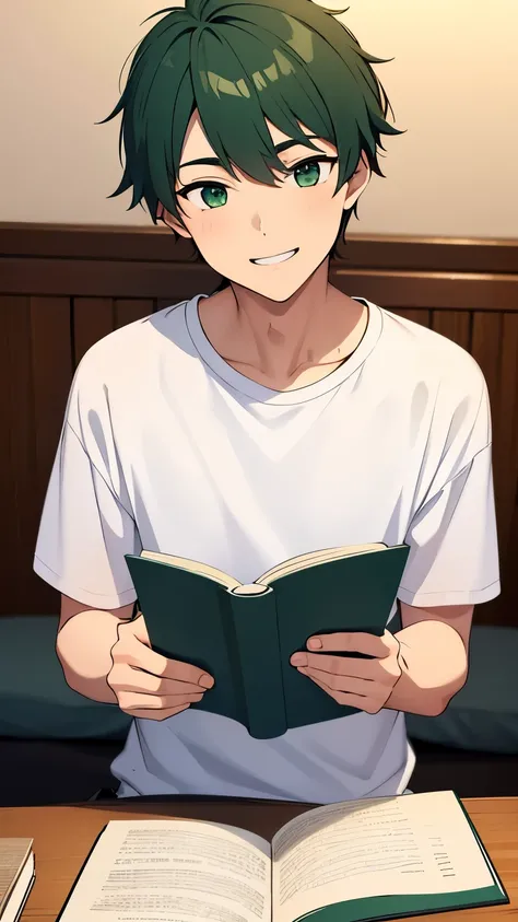 18 year old man with green hair, green eyes, wearing a plain white t-shirt and black trousers, reading a book in his room, at night, smiling face, very detailed