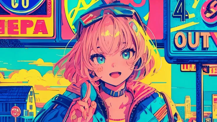 best quality, 4K wallpaper, masterpiece, extremely detailed CG unity 8k wallpaper, extremely detailed eyes, ultra-detailed, intricate details, close up 1 happy girl in center, retro art style, neon_pop art style, public, outdoors, road sign, city, people