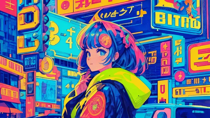 best quality, 4K wallpaper, masterpiece, extremely detailed CG unity 8k wallpaper, extremely detailed eyes, ultra-detailed, intricate details, close up 1 happy girl in center, retro art style, neon_pop art style, public, outdoors, road sign, city, people