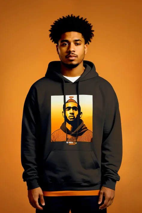 RAW photo in sequence, uma imagem de um rapper consintente com estilo marrom, vestindo camiseta de capuz hoodie escuro, em local escuro com efeito de luzes, chant cover, imagem para Music album, Maximum details, tamanho de album song 1280x1366 px, textura,...