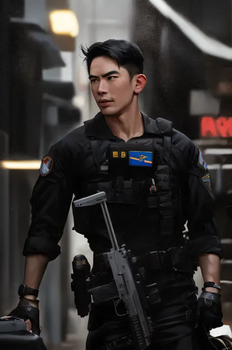 arafed man in uniform with a gun and a suitcase, ross tan, actor, in black uniform, holding pdw, 🕹️ 😎 🔫 🤖 🚬, damien tran, handsome chad chin, security agent, joe taslim, still from a live action movie, scene from live action movie, profile shot, military p...