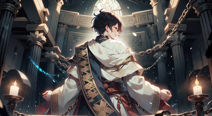 a boy teenager, his hands were bound by chains, he was surrounded by thousands of chains in the darkness, his head was bowed while standing, facing forward, there was no light,a teenager, his hands were bound by chains, he was surrounded by thousands of ch...