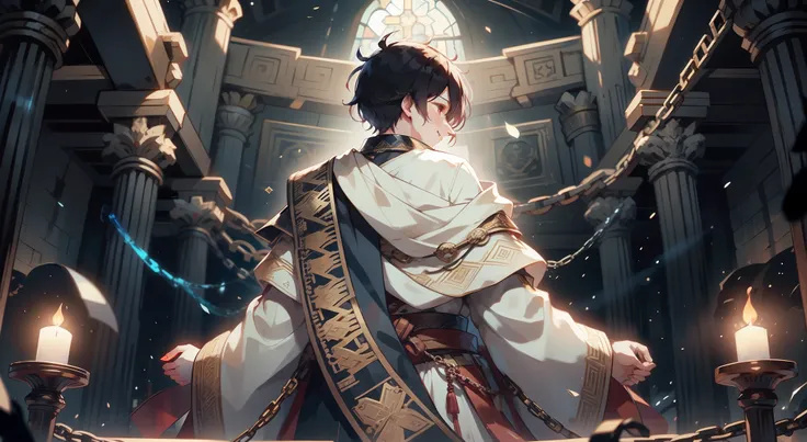 a boy teenager, his hands were bound by chains, he was surrounded by thousands of chains in the darkness, his head was bowed while standing, facing forward, there was no light,a teenager, his hands were bound by chains, he was surrounded by thousands of ch...