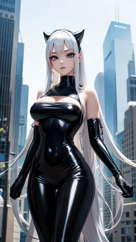 perfect and very thin girl, Wearing an extremely tight black latex suit, Buda Redonda, long white hair, cyberpunk style, hyper-realistic, many details, Perfect image, 8k，Off the shoulder dress