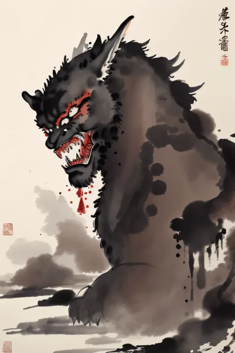 Chinese monster painting, ink and watercolor painting，