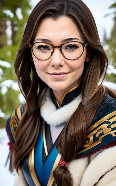 Young ainu woman with the face of (Gal Gadot:Evangeline Lilly), (looking at viewer, light smile, ), brown hair, brown eyes,  long hair, hair_flying, Fluttering hair, flying_hair, ((Transparent glasses, glasses, glasses_on_nose)), ((traditional ainu clothes...