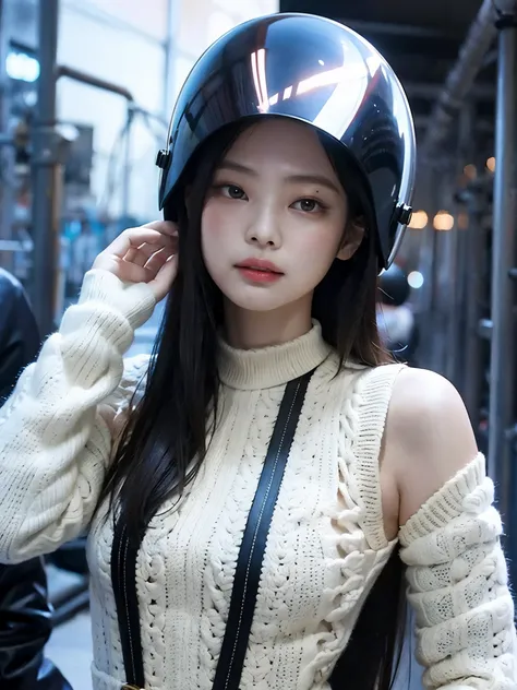 Primer plano, asian woman with biker helmet, cabello largo y ondulado, jennie kim de Blsckpink, pechos enormes, piel blanquecina.