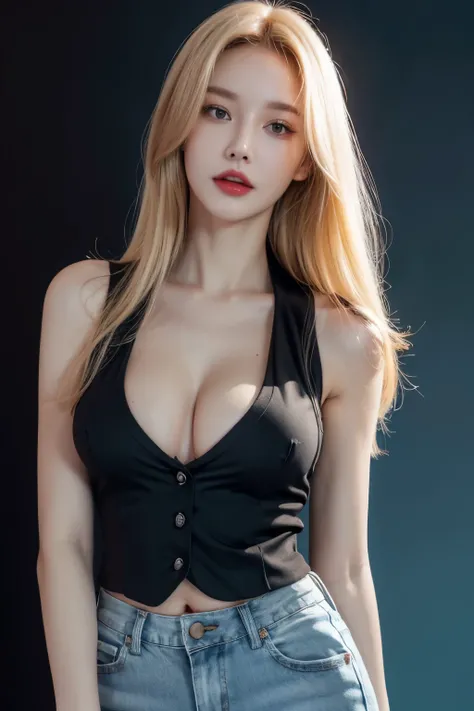 A slender woman, red glossy lips,(Extremely detailed beautiful face)), (best quality), (Super detailed), (Extremely detailed CG unified 8k wallpaper),original photo, (standing), (dark cyan background:1.5),(cleavage),(average light source),black shorts,(blo...