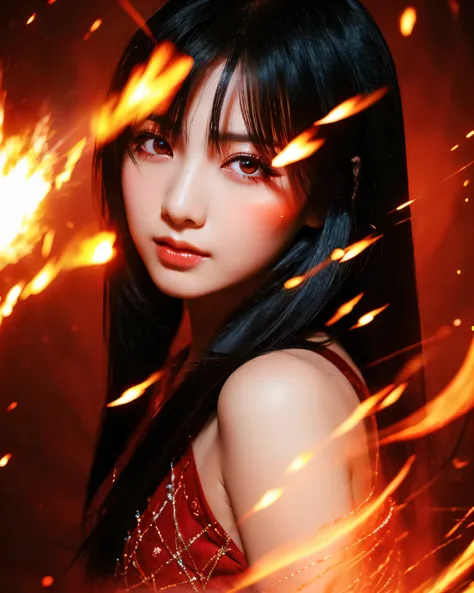 beautiful日本人女性, black hair, beautiful, Magic Red Eyes, Fire Witch, Blood, particles of light, light, wallpaper, high contrast, colorful,