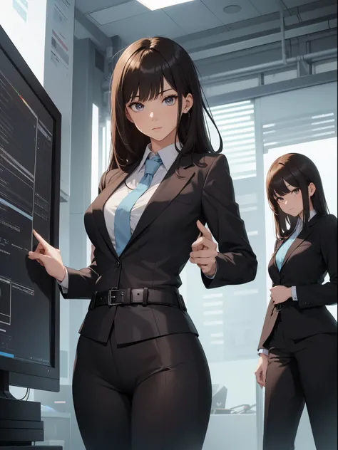 Best quality, table, Beautiful mature women、Beautiful face、Strong-willed woman、office lady、(Black office suit、black jacket、black trousers、Blue long-sleeved shirt、Inside:1.5)、(Brown hair、Asymmetrical bangs、Combed bangs)、((Brown eyes、Small eyes))、Long-haired...