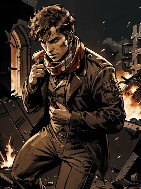 dramatic scene, explosion, burning, undercover agent well styled action aiming a pistol, scar in face, dynamic pose, scarf, casplash, scattered, ripped, syrian building, dark environment