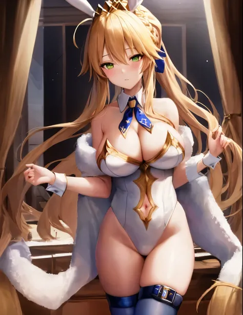 masterpiece, best quality, absurdres, soft lighting, looking at viewer, (light_smile:0.6),
1girl, ahoge, rabbit ears, playboy bunny, artoria pendragon (swimsuit ruler) (fate), large breasts , blonde hair, green eyes, french braid,  pony tail
bare shoulders...