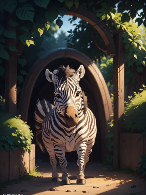 masterpiece, best quality，Illustration of a cute zebra，at a  zoo，Pixar style, stills，simple background，perfect details，