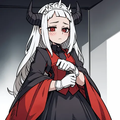 （（a woman，front，whole body）），Traditional maid attire，white hair，Show forehead，black devil horns，White background，grace，