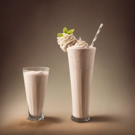 Product photography of a glass of milkshake, bathed in beautiful lighting, creating a vintage aesthetic reminiscent of the Earthcore era. The milkshake, with its rich and creamy texture, is presented in an ultra-detailed manner, capturing every swirl and d...