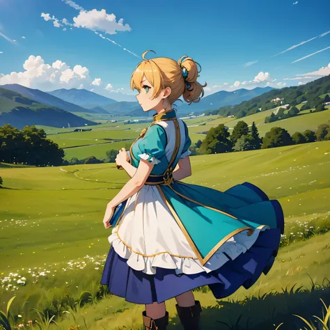 (Single character: 1.5), (chibi character: 1.4), (cute: 1.3), (blonde character: 1.3), (green eyes: 1.2), (up hairstyle: 1.1), (blue themed clothing: 1.3), (Profile Pose: 1.3), (standing girl: 1.1), (boots: 0.9), (grassland: 1.3), (sunny: 1.0), (return)
