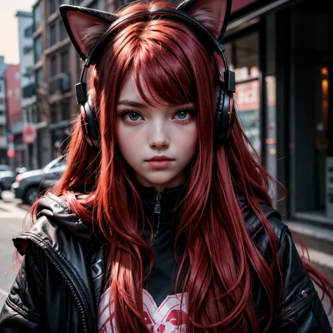 Dark style, nice perfect face with soft skin, really young beautiful girl kid, portrait, long red hair, pink cat headphones, black eyes