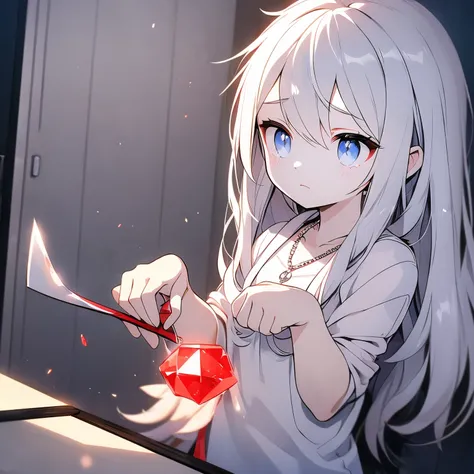 Hair gray and white,The calm expression contains a hint of loneliness and sadness,Eye color is ruby red,Wearing a necklace around her neck,The word "xi" is written in the gray gemstone of the necklace,The left hand holds a sapphire blue fake eyel...