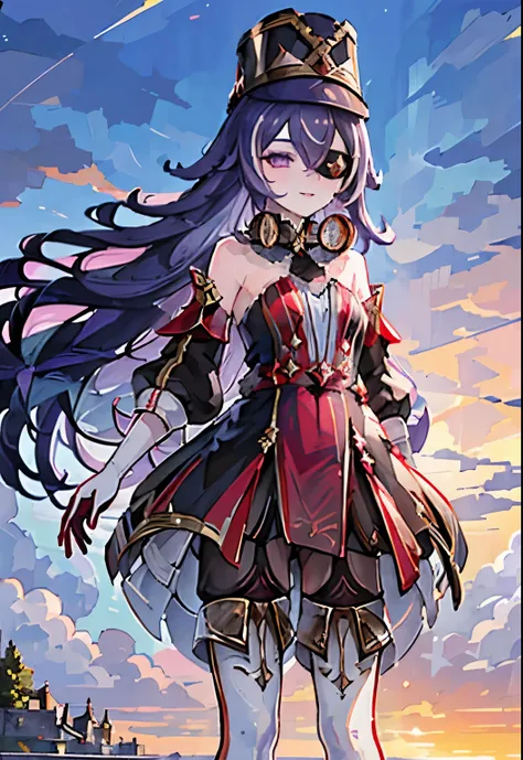 ((masterpiece,best quality)), 1girl, chevreuse, Detailed background、((Detailed and beautiful sunset sky background)), shako cap, eyepatch, detached sleeves, gloves, black pantyhose, thigh boots, smile
