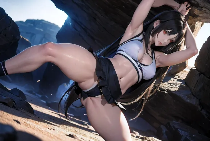 NSFW, white tank top with black trim and black skirt, inside the cave, black long hair, the girl has really red eyes, tifa lockhart, The girl is 16 years old, beautiful skin, realistic anime, anime realism style, Output in 8K, highest quality,Natural light...