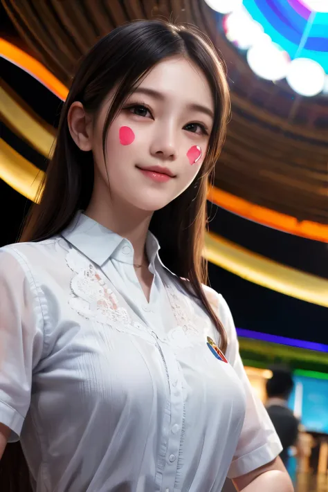 photo realistic, a woman girl long hair สะบัด

น้ำออกจากผมน้ำวิ่งเป็นวงกลมรอบตัวwearing

a white shirt with white dancing under the

rainbow สะบัดนิ้วออกจากผม น้ำออกจากผมวิ่ง

เป็นวงกลม facial expression smile, wet

cloth effect, water effect, style Gustav...