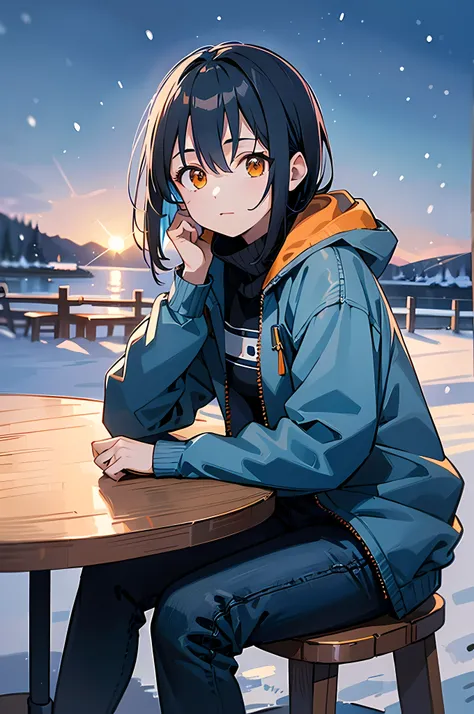 (8K Ultra High-Quality) (Masterpieces) (Image) (人物: Rimuru) 1 Girl 17years old, Short Black hair, Orange eyes colors, Blue Jacket, Jean, background in snow town, sitting at table outside of the restaurant, natural face looking at viewer.