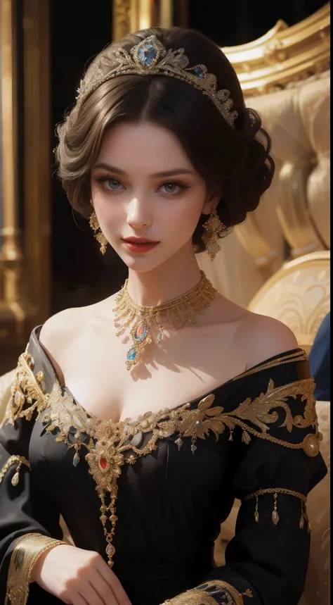 master piece，best image quality，Beautiful bust of a royal woman，Delicate black hairstyle，Amber eyes are clear，Decorated with dazzling intricate jewelry，super detail，upscale。