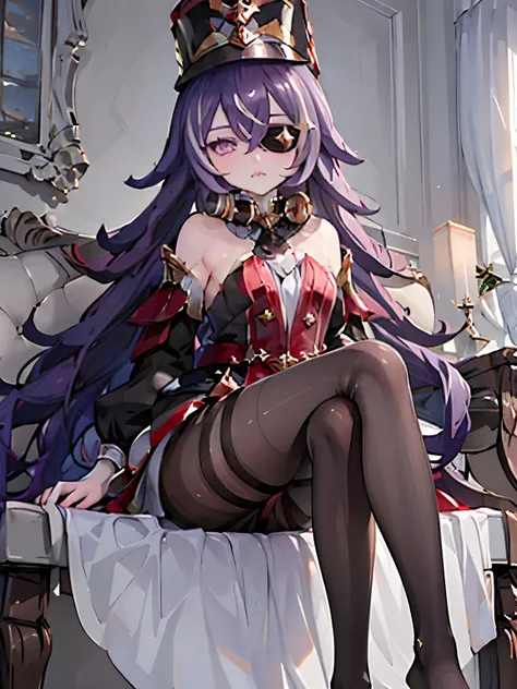 ((masterpiece,best quality)), 1girl, chevreuse, shako cap, eyepatch, detached sleeves, black pantyhose, no shoes, sitting, crossed legs, toes,