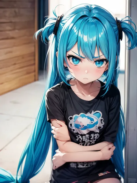 a cartoon image of a girl with blue hair and a black shirt, 2 d anime style, sad cerulean eyes, little angry girl with blue hair, chibi, flat anime style shading, anime girl with teal hair, pouty, rimuru, tired haunted expression, anime stylized, pouting, ...