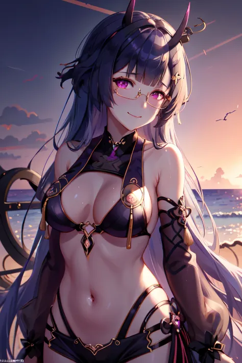 (highly detailed:1.3), 
1girl, solo, light smile, horns, glasses, (o-ring bikini:1.3), 
wrench_aqueousmei, 
Ultra-detail, (highres:1.1), best quality, (masterpiece:1.3), cinematic lighting,