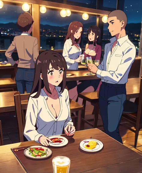 shinkai makoto, kimi no na wa., 1boy, buzzcut, office attire, boys arms placed over girls shoulder, drunk, boy sit beside girl, 1girl, bangs, black hair, brown eyes, open mouth, blush, twisted half up, red ribbon, long hair, long sleeve light yellow cardig...