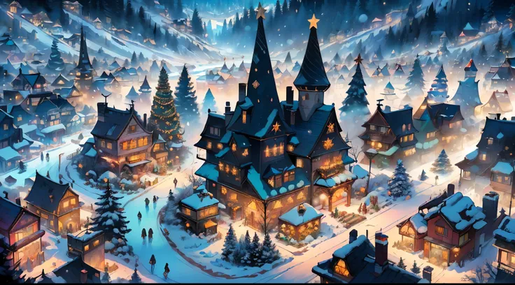 (((masterpiece))),(((high-quality))),(((8K wallpaper))),(((Aerial view of a mega-gigantic winter town decked out in festive decorations))),(((majestic Christmas tree))),(((sparkling lights over the village))),(((star-topped tree))),(((festive village squar...