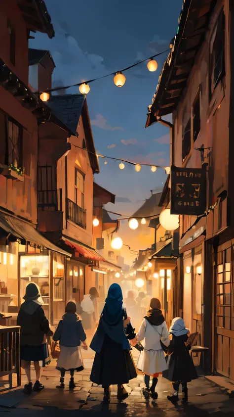 Ramadan atmosphere in the village, masterpiece, high quality, 4k, children and family, graphic art