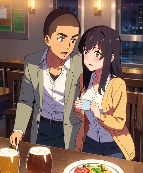 shinkai makoto, kimi no na wa., 1boy, buzzcut, office attire, boys arms placed over girls shoulder, drunk, boy sit beside girl, boy caressing girls body, 1girl, bangs, black hair, brown eyes, open mouth, blush, twisted half up, red ribbon, long hair, long ...