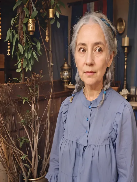 old woman, large eyes, gray hair tied in french braid, blue flowing dress, 19th century, in a room full of colorful middle eastern decorations 